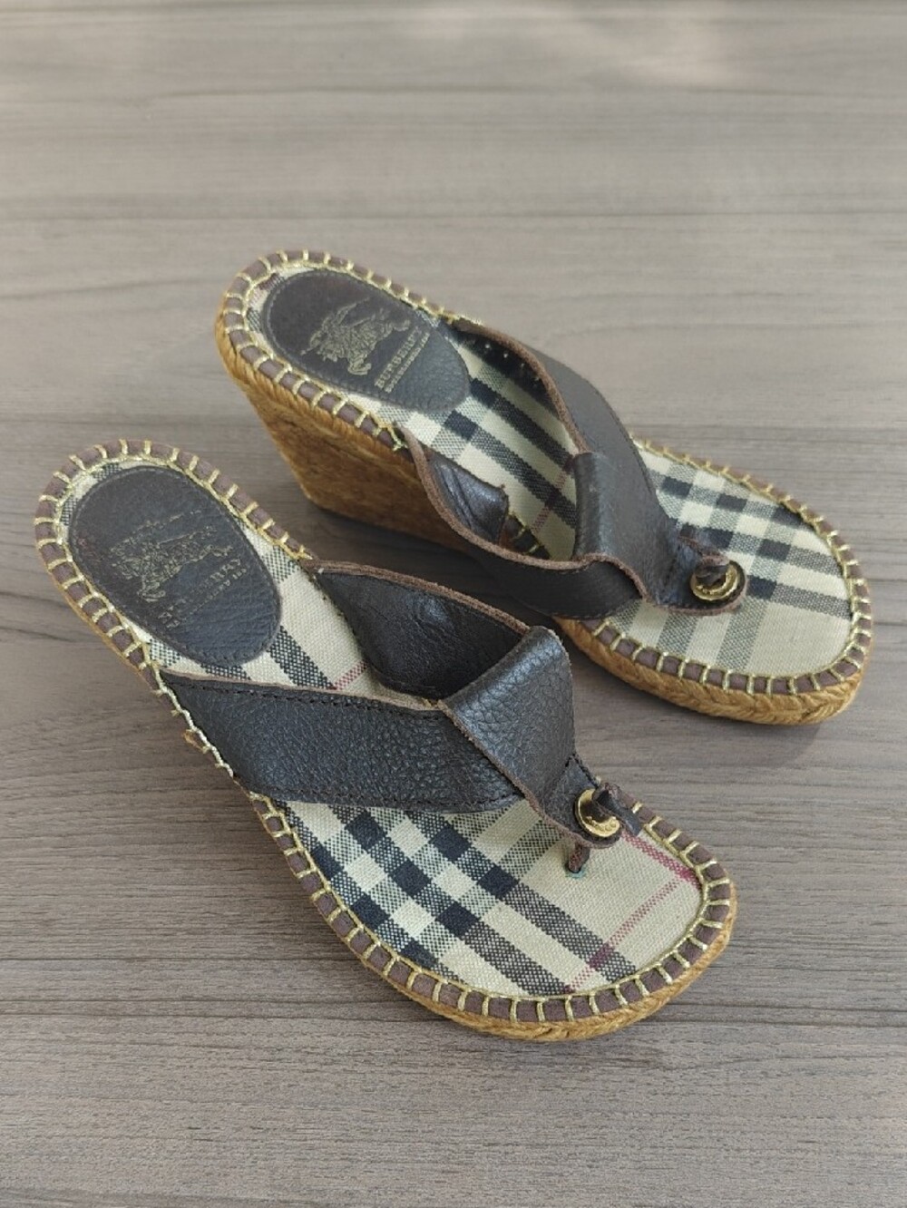 Burberry Brown Leather Plaid Wedge Sandals